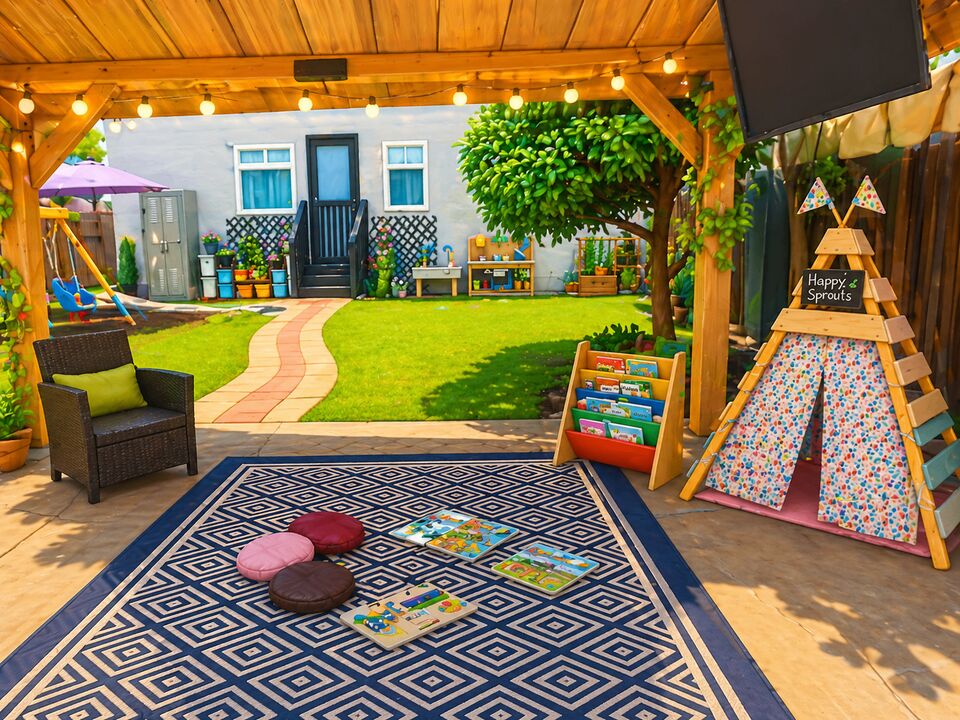 Covered backyard play area at Happy Sprouts with a teepee, reading nook, and open lawn in West Chula Vista